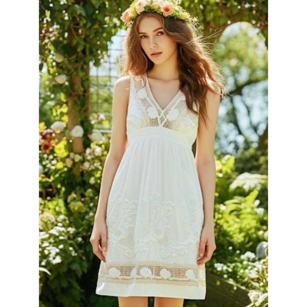 Adrianna Papell White V-Neck Boho Festival Weddinguest Sleeveless Lace Dress 10 - Picture 1 of 10